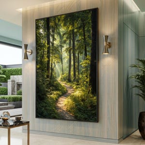 Lienzo de sendero forestal iluminado por el sol, arte mural de sendero boscoso, lienzo de paisaje natural, escena de árboles verdes, decoración de sendero forestal