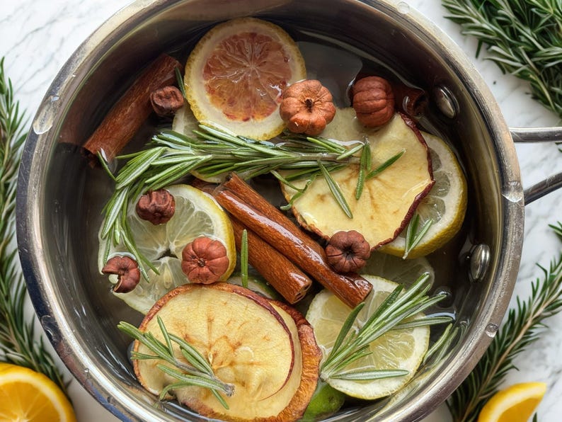 May include: A stainless steel pot filled with water containing sliced yellow lemons, dried apple slices, brown cinnamon sticks, small dried pumpkins, and sprigs of green rosemary. The ingredients are submerged in the liquid for a stovetop simmer.