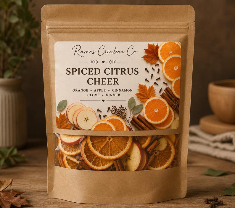 May include: A brown kraft paper pouch containing dried fruit and spices, labeled Ramos Creation Co Spiced Citrus Cheer. The label features illustrations of orange slices, apple slices, cinnamon sticks, cloves, and autumn leaves.