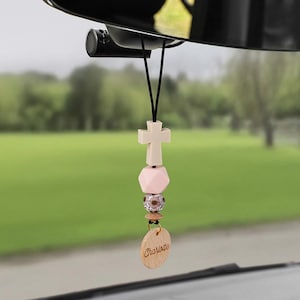 Personalized Silicone Cross Beech Wood Car Hanging Ornament - Custom Name, Christian Prayer Accessory & Faith Gift for Cars, Birthday Gift
