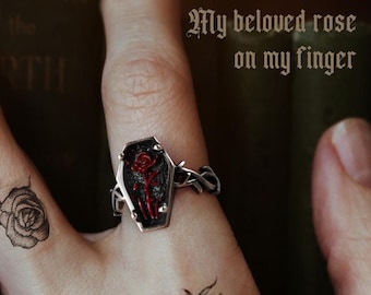 Personalisierter Gothic Sarg Rose Ring - Benutzerdefinierter Name, Vintage Ring, Geschenk für Männer und Frauen, Vampir Gothic Stil, Geburtstagsgeschenk