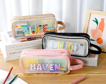 Personalized Large Mesh Pencil Case, Two Compartments—Custom Name, Cute Design, Back to School Gift for Boys and Girls