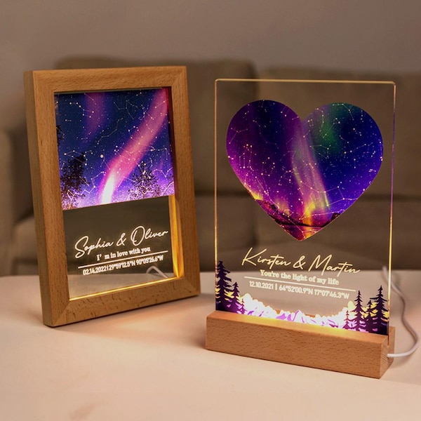 Veilleuse LED Constellation, carte des étoiles personnalisée : lampe acrylique personnalisée avec date et texte, cadeau d'anniversaire ou de Saint-Valentin pour les couples
