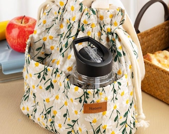 Bolsa térmica para almuerzo con margaritas bordadas personalizadas (nombre personalizado, bolsillos), ideal para niños, ideal para la vuelta al cole, picnic, cumpleaños o el Día de la Madre.