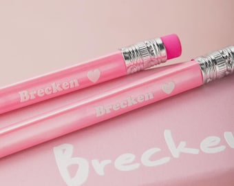 Personalized Pencils—Engraved 12-Pack with Name & Eraser, Pink Stationery Back-to-School Gift for Girls, Student Gift