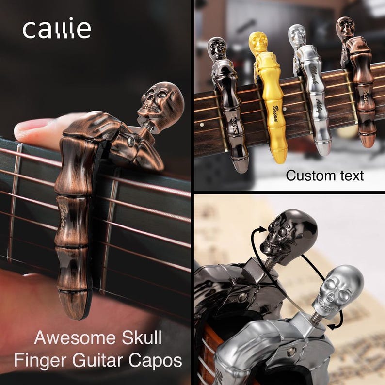 Op de afbeelding: Gitaarkapokken met schedelontwerpen in brons, zilver, goud en zwart. De kapokken zijn bevestigd aan een gitaarhals. De tekst "Awesome Skull Finger Guitar Capos" is zichtbaar.