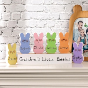 May include: Six pastel-coloured wooden bunny figurines, each with a name. The bunnies are arranged on a white base with the text "Grandma's Little Bunnies". A framed photograph is visible in the background.
