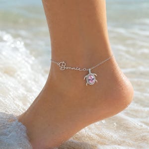 Personalized Dainty Birthstone Sea Turtle Anklet - Custom Name Beach Accessory - Perfect Birthday Gift for Ocean Lovers and Women
