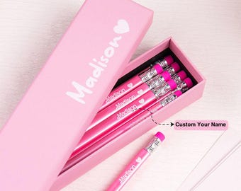 Personalized Pencils—Engraved 12-Pack with Name & Eraser, Pink Stationery Back-to-School Gift for Girls, Student Gift