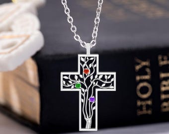 Personalized Cross Birthstones Family Tree Necklace | Dainty Jewelry | Mother's Day | Baptism | Birthday | Gift for Mom/Grandma/Christian