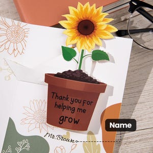 Biglietto d'auguri personalizzato con girasole "Grazie per avermi aiutato a crescere" - Regalo di ringraziamento per l'insegnante