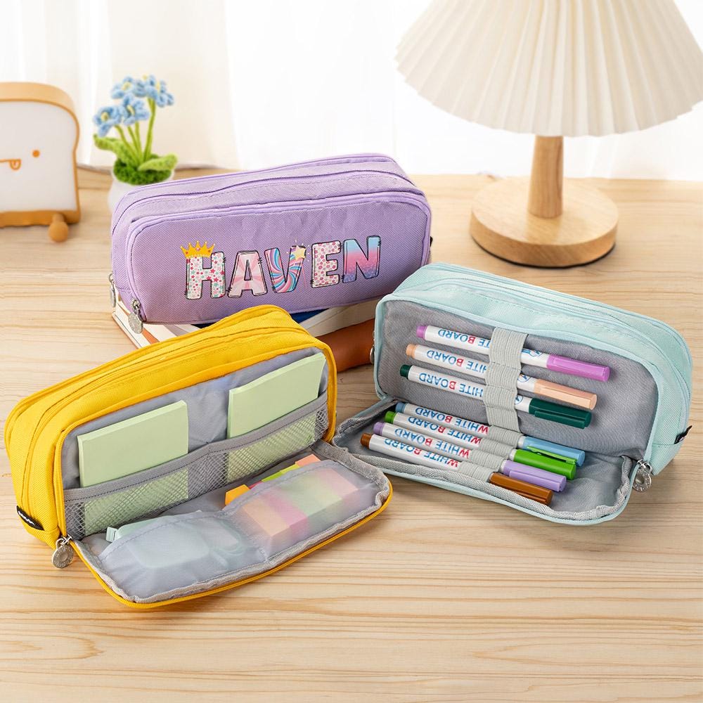 Personalized Large-Capacity  Pencil Case—Three-Compartment Custom Name Pouch, Back-to-School Gift for Kids