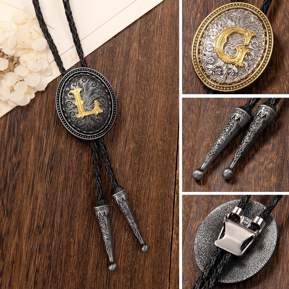 Cravate Bolo Western Cowboy Vintage Initiale A à Z - Corde Cuir Noir Et Clip Métal Doré