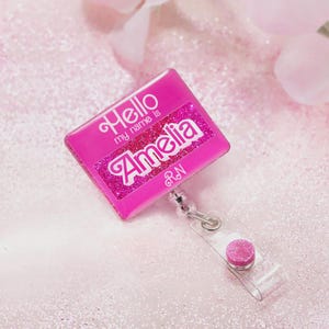 Personalized "Hello My Name Is" Acrylic Glitter Badge Reel—Retractable ID Card Clip, Candy Style Gift for Teachers, Nurses & Pink Doll Fans