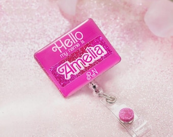 Personalized "Hello My Name Is" Acrylic Glitter Badge Reel—Retractable ID Card Clip, Candy Style Gift for Teachers, Nurses & Pink Doll Fans
