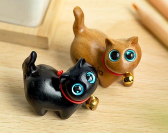 Paire De Chats Assis Sculptés à La Main - Bois - Artisanat Thaïlandais