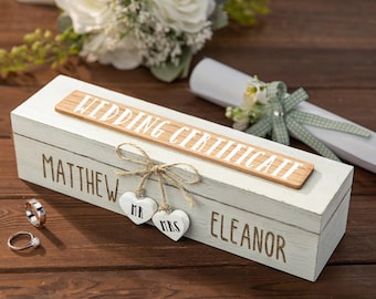 Personalized Wooden Wedding Certificate Storage Box—Custom Men & Women Keepsake Box with Heart Charms, Wedding Gift for Couples