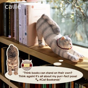 May include: A gray cat-shaped bookend stretches out, with a red collar, next to a stack of books. A second cat bookend stands upright. The text reads: "Think books can stand on their own? Think again! It's all about my purr-fect pose! #Cat Bookends"