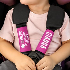 May include: Pink seat belt covers with white text. One cover reads "DIABETIC MAY BE UNAWARE OF DANGER" with a medical symbol. The other cover says "GIANNA". The covers are on a child's car seat.