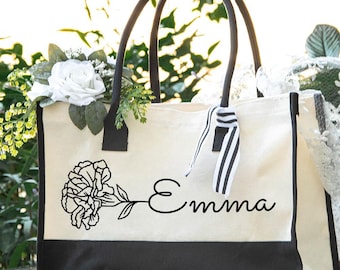Personalized Birth Flower Large Canvas Tote Bag with Name Daily Travel Work Essentials Mother's Day Birthday Gift for Women