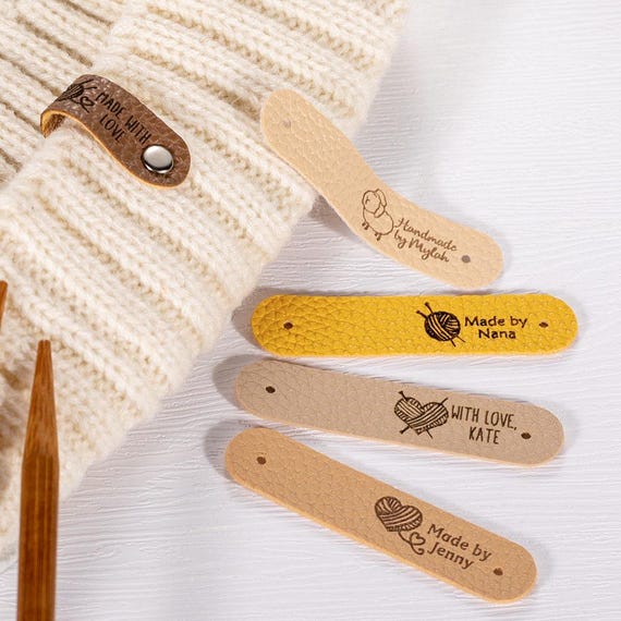Personalized Handmade Engraved Leather Tags β Custom Rivet Labels for Crochet, Knitwear, and DIY Sewing Projects