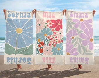 Personalisiertes übergroßes Blumen-Strandtuch - schnell trocknendes, mehrfarbiges Handtuch, benutzerdefinierter Name, Sommerurlaub, Pool-Party Geschenk für Frauen, Hawaii-Tourismus