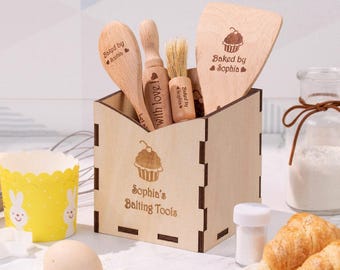 Utensilios de cocina y repostería de madera personalizados - Nombre personalizado, juego de 6, ideal para cumpleaños y como regalo para niños, para aprender a hornear.