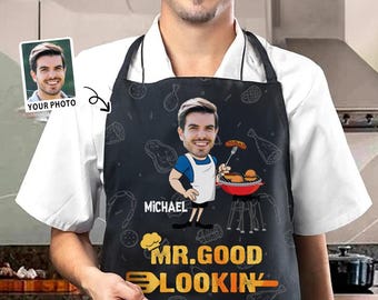Personalized Funny Face Photo BBQ Apron—Waterproof & Adjustable with Custom Name,Father's Day or Valentine Birthday Gift for Dad, BBQ Master