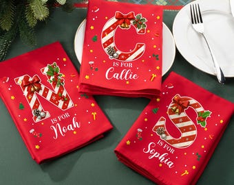 Servilleta de algodón navideña personalizada con nombre / Inicial en bastón de caramelo / Decoración de mesa para fiestas / Regalo de Navidad para familiares y amigos
