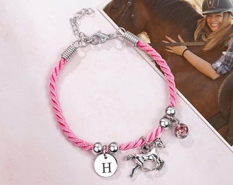 Personalized Horse Birthstone Charm Bracelet—Custom Initial Pink Rope Bracelet, Birthday Gift for Kids and Women, Gift for Horse Lovers