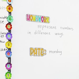 Puede incluir: Una pizarra blanca con imanes coloridos en forma de flor y texto escrito a mano. El texto incluye "HOMEWORK" y "DATE: monday". Los imanes de flores est&aacute;n numerados del 1 al 8 y son de varios colores.