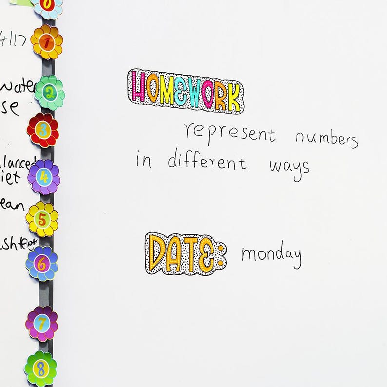 Puede incluir: Una pizarra blanca con imanes coloridos en forma de flor y texto escrito a mano. El texto incluye "HOMEWORK" y "DATE: monday". Los imanes de flores est&aacute;n numerados del 1 al 8 y son de varios colores.