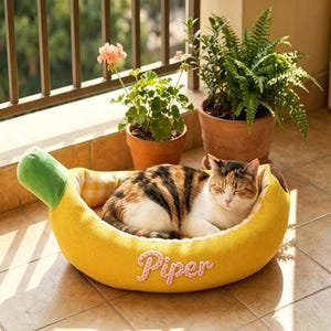 May include: A yellow banana-shaped pet bed with a green stem at one end and a white and yellow checkered interior lining. The exterior features the name Piper embroidered in pink script lettering. A calico cat is sleeping inside the bed.