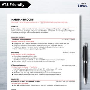 May include: A professional resume template for Hannah Brooks featuring sections for summary, work experience, and education. The document includes contact details, job titles, and bulleted lists of responsibilities. A black ballpoint pen is placed to the right.