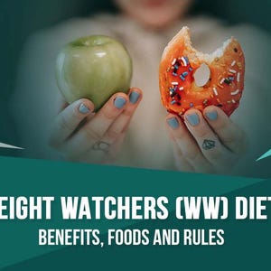 Op de afbeelding: Een persoon houdt een groene appel in de ene hand en een gebeten oranje donut met sprenkels in de andere. De tekst "WEIGHT WATCHERS (WW) DIET: BENEFITS, FOODS AND RULES" wordt onder de afbeelding weergegeven.