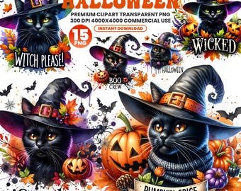 Gruselige schwarze Katze Clipart Bundle: Witchy Halloween PNGs (kommerzielle Nutzung, Sofort Download