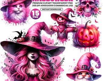 Pastel Goth Halloween Clipart Bundle: Pinke Kürbisse, Schädel (Digitaler Download, PNG, 4000x4000px)