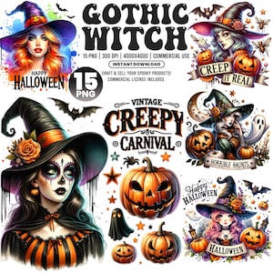 Halloween Witch Clipart Bundle, Halloween PNG, Cute Spooky Clip Art, Gothic Witch PNG, Witch Clipart, Digital Download, Commercial Use