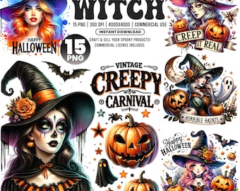 Halloween Witch Clipart Bundle, Spooky Gothic PNG (Digital Download)