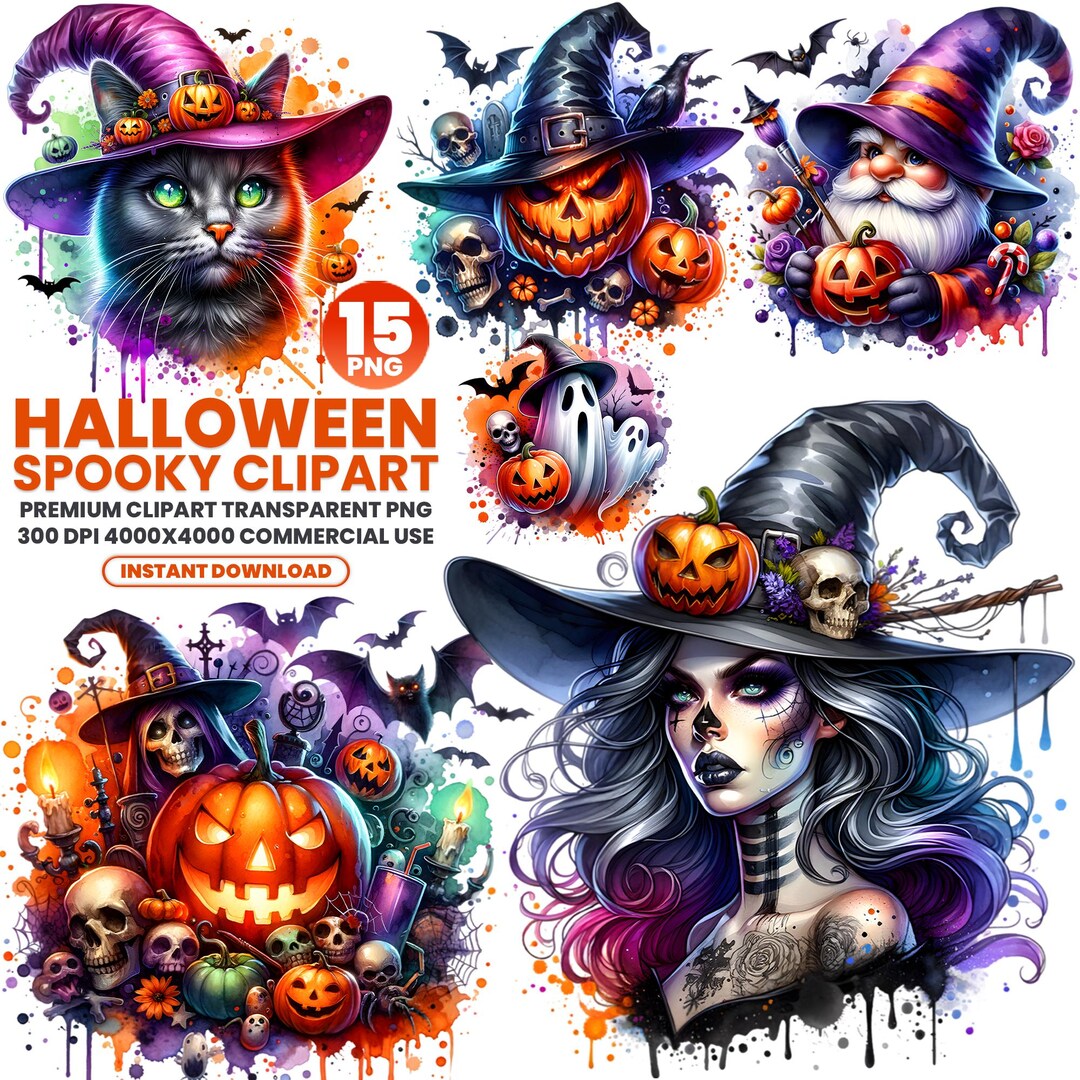 Watercolor Halloween Clipart PNG Bundle, Spooky Witch, Pumpkin ...
