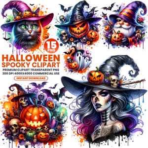 Può includere: Illustrazione digitale di clipart a tema Halloween. L'immagine include un gatto, zucche, teschi, fantasmi e una strega. Il testo recita "HALLOWEEN SPOOKY CLIPART" e "INSTANT DOWNLOAD". La tavolozza dei colori include arancione, viola e nero.