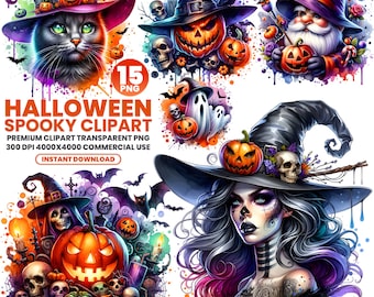 Aquarell Halloween Clipart PNG Bundle, Halloween Hexe, Kürbis, kommerzielle Nutzung (digitaler Download)