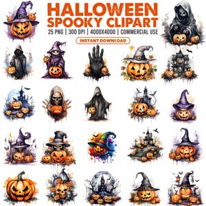 Watercolor Halloween Clipart Bundle: Witch, Pumpkin, Ghost PNG (Digital Download, Commercial Use