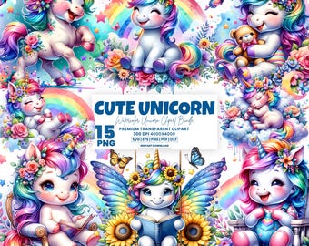 Aquarell Einhorn Clipart PNG Bundle, magische Einhorn Grafiken, Baby Einhorn PNG, Einhorn Clipart, Regenbogen Clipart Einhorn, digitaler Download