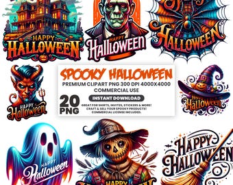 Paquete de imágenes prediseñadas de Halloween, imágenes PNG de personajes espeluznantes, uso comercial (descarga digital)