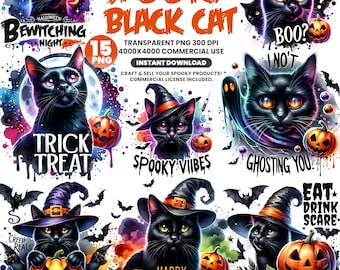 Gruselige schwarze Katze Clipart Bundle: Witchy Halloween PNGs (kommerzielle Nutzung, Sofort Download