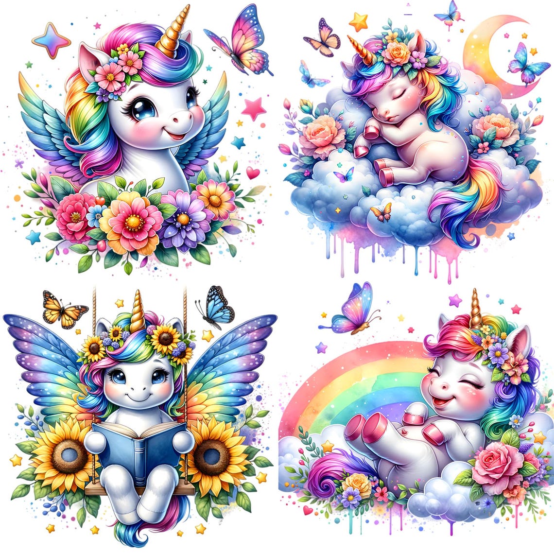Watercolor Unicorn Clipart PNG Bundle, Magical Unicorn Graphics, Baby ...