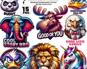 Sarcastic Animal Clipart Bundle: Funny PNG Designs (Digital Download)