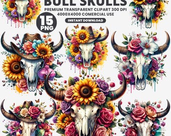 Rustikale Bull Skull Clipart Bundle: Aquarell Sonnenblume PNG Grafiken (kommerzielle Nutzung)