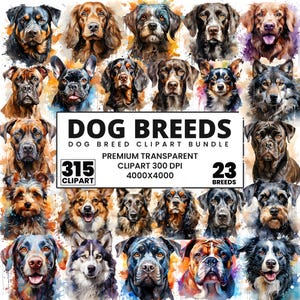 May include: A digital clipart bundle of 23 different dog breeds, featuring watercolor illustrations of each breed. The clipart is high-resolution, 300 DPI, and comes in a transparent format. The bundle includes 315 individual clipart images.